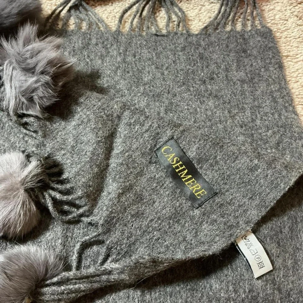 Luxury Grey Wool Fur Blend Scarf‎ with Pom Pom Tassels